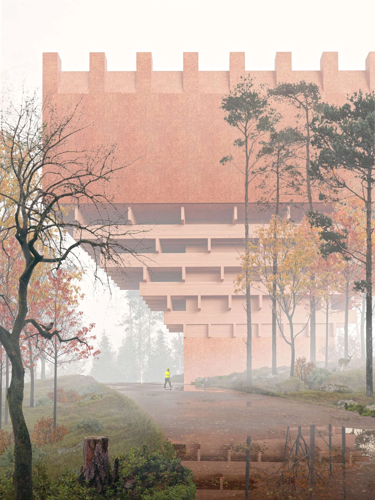 A water tower in the middle of the mists rises from a tectonic wooden base to the treetops.