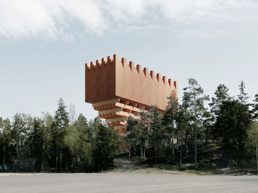 Hemmesta water tower wooden structure peaking over the treeline