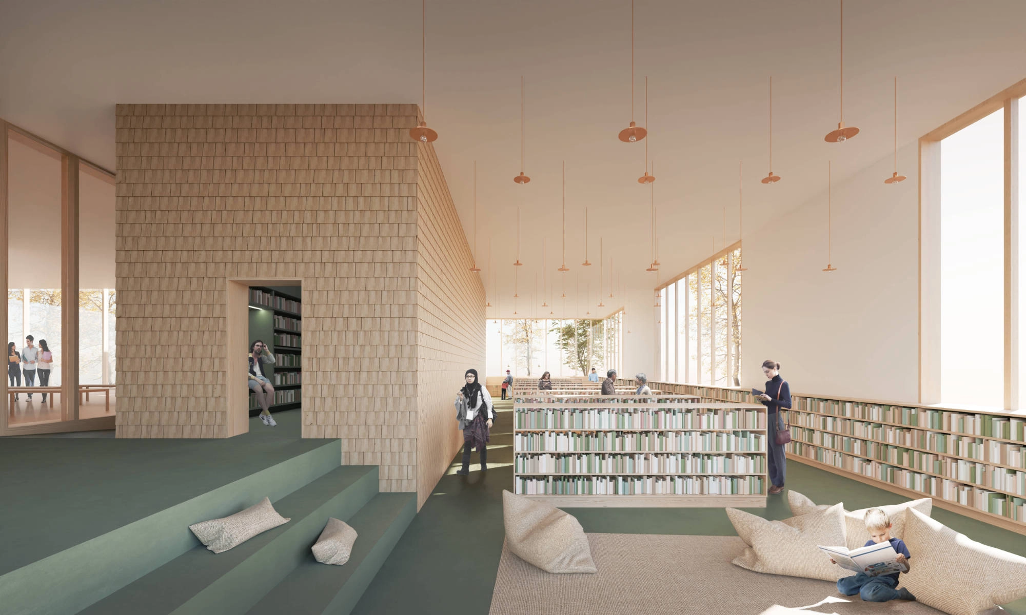 Interior view of Karhula Library lobby.