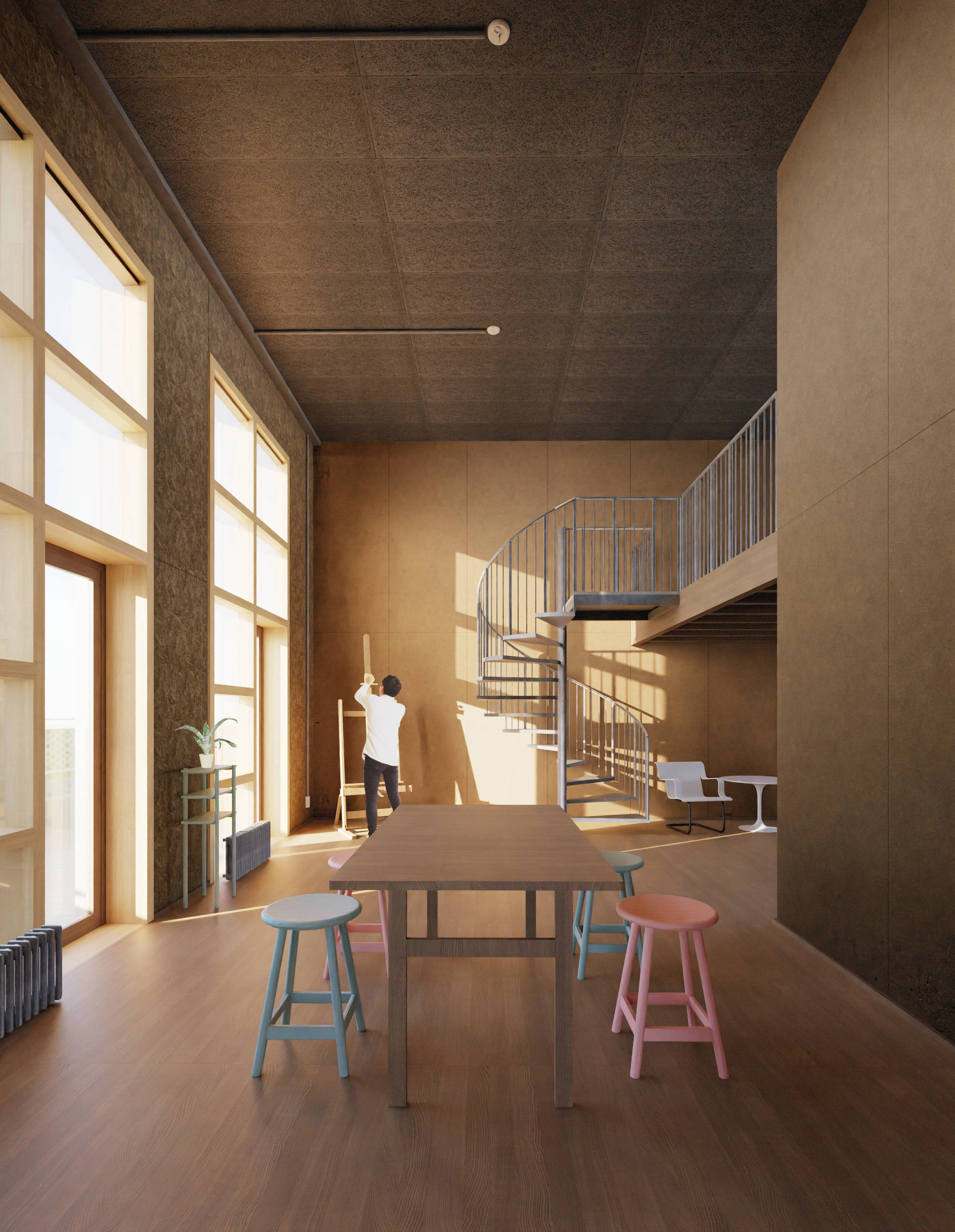 Interior view of reused material loft apartment.