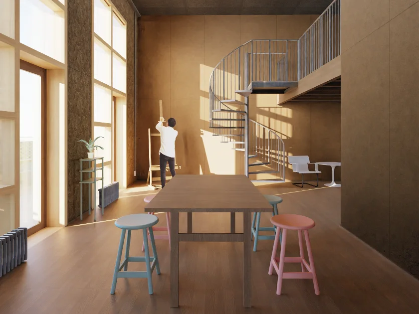 Apartment constructed from reused building parts interior view